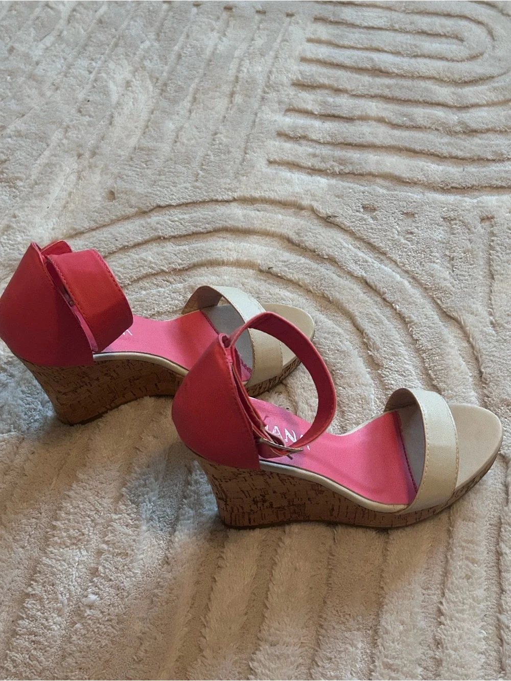 Coral and Cream Ankle-Strap Wedge Sandals Wedges Sz 6